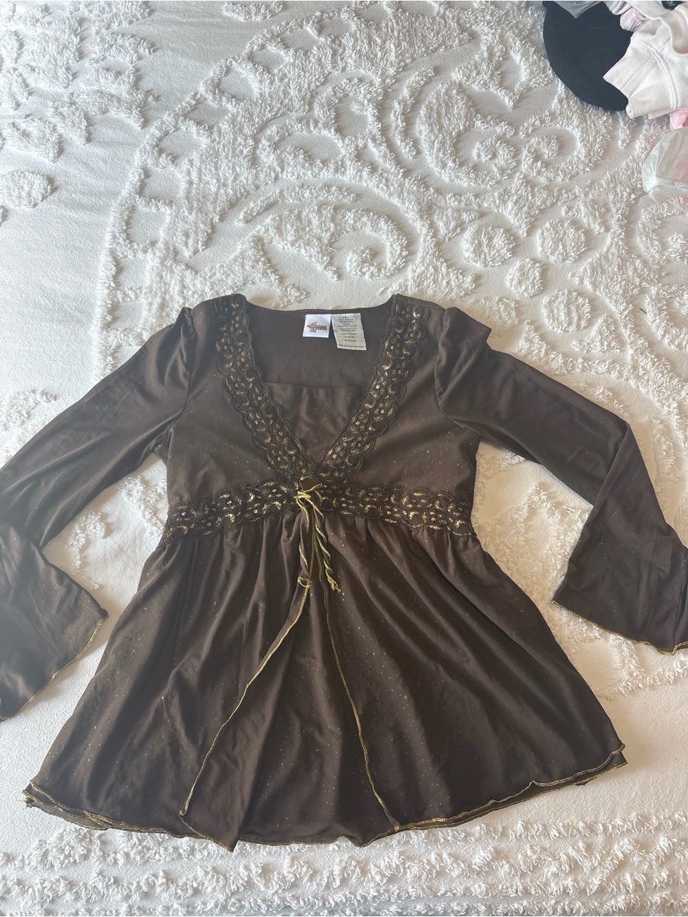 KIDS girl Brown Long-Sleeve Lace Trim Dress